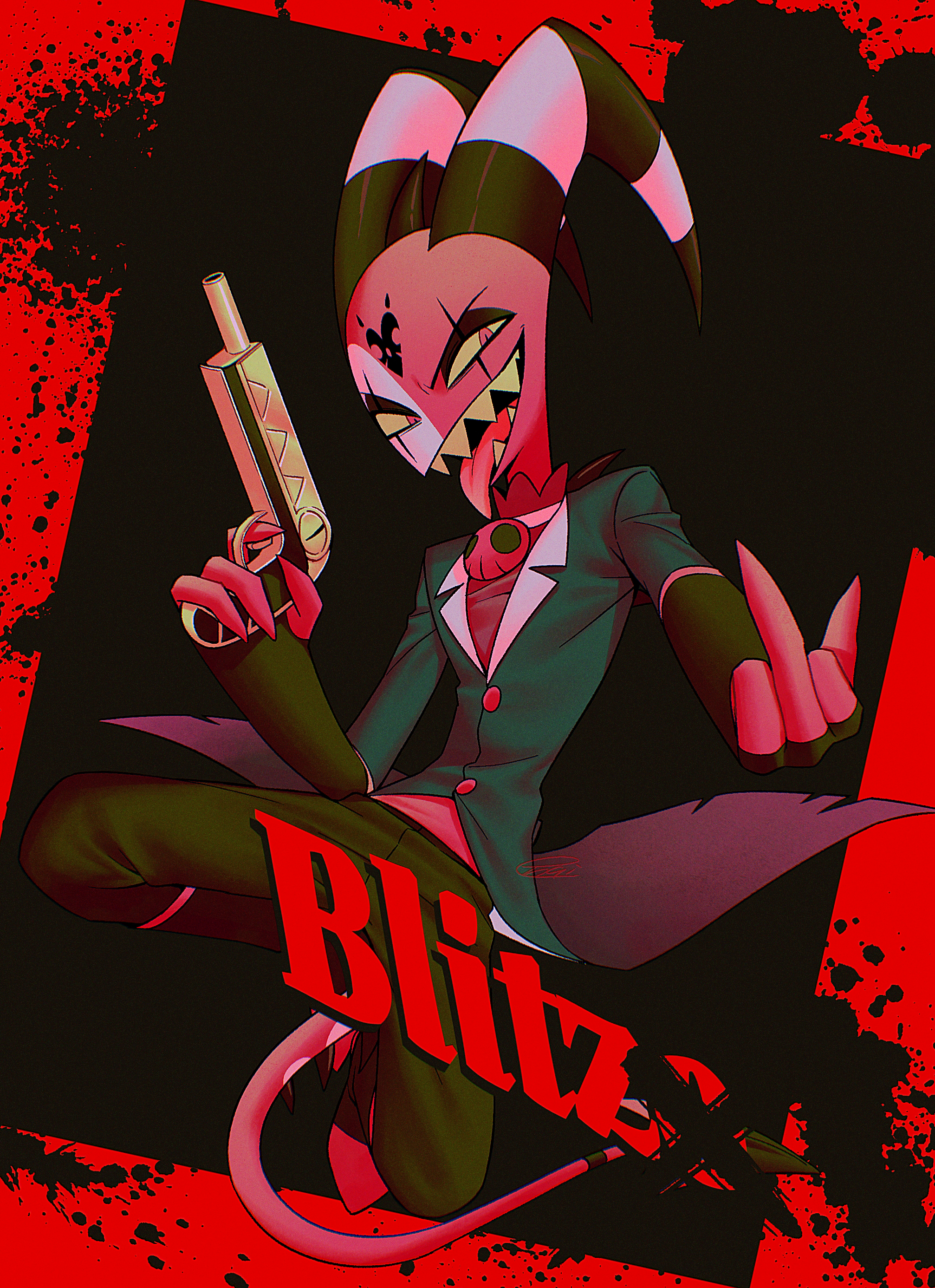menma (enaic31), blitzo (helluva boss), hellaverse, helluva boss, absurdres, commentary request, highres, 1boy, black background, black boots, black coat, black eyeshadow, black horns, black pants, boots, border, buttons, character name, chromatic aberration, coat, colored sclera, colored skin, colored teeth, demon boy, demon horns, demon tail, eyeshadow, fewer digits, film grain, full body, gun, half-closed eyes, holding, holding gun, holding weapon, horns, knee boots, lapels, long sleeves, looking at viewer, makeup, male focus, middle finger, multicolored horns, notched lapels, outside border, pants, red border, red eyes, red shirt, red skin, red tail, sharp teeth, shirt, simple background, skull brooch, solo, striped horns, tail, teeth, tongue, tongue out, two-tone horns, v-shaped eyebrows, weapon, white horns, yellow sclera, yellow teeth