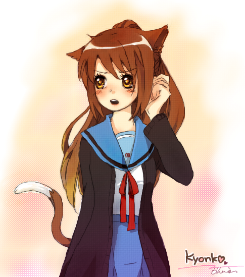kyon, kyonko, suzumiya haruhi no yuuutsu, gender request, 00s, 1girl, animal ears, cat ears, cat tail, female focus, genderswap, gradient background, ponytail, school uniform, serafuku, solo, tail