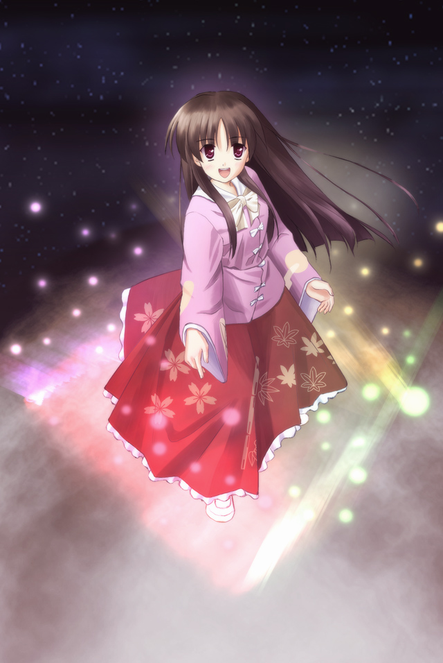 orino yushi, houraisan kaguya, touhou, 1girl, :d, black hair, bow, dress, female focus, floral print, from above, full body, glowing, leaf print, light rays, long hair, long skirt, long sleeves, looking at viewer, looking up, magic, open mouth, red dress, red eyes, red skirt, sidelocks, skirt, smile, solo, standing, very long hair