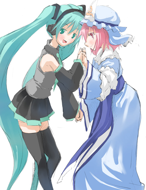 yohane, hatsune miku, saigyouji yuyuko, touhou, vocaloid, 2girls, aqua hair, bonnet, crossover, detached sleeves, female focus, headphones, holding hands, long hair, maid, multiple girls, necktie, short hair, standing, thighhighs, twintails, very long hair, zettai ryouiki