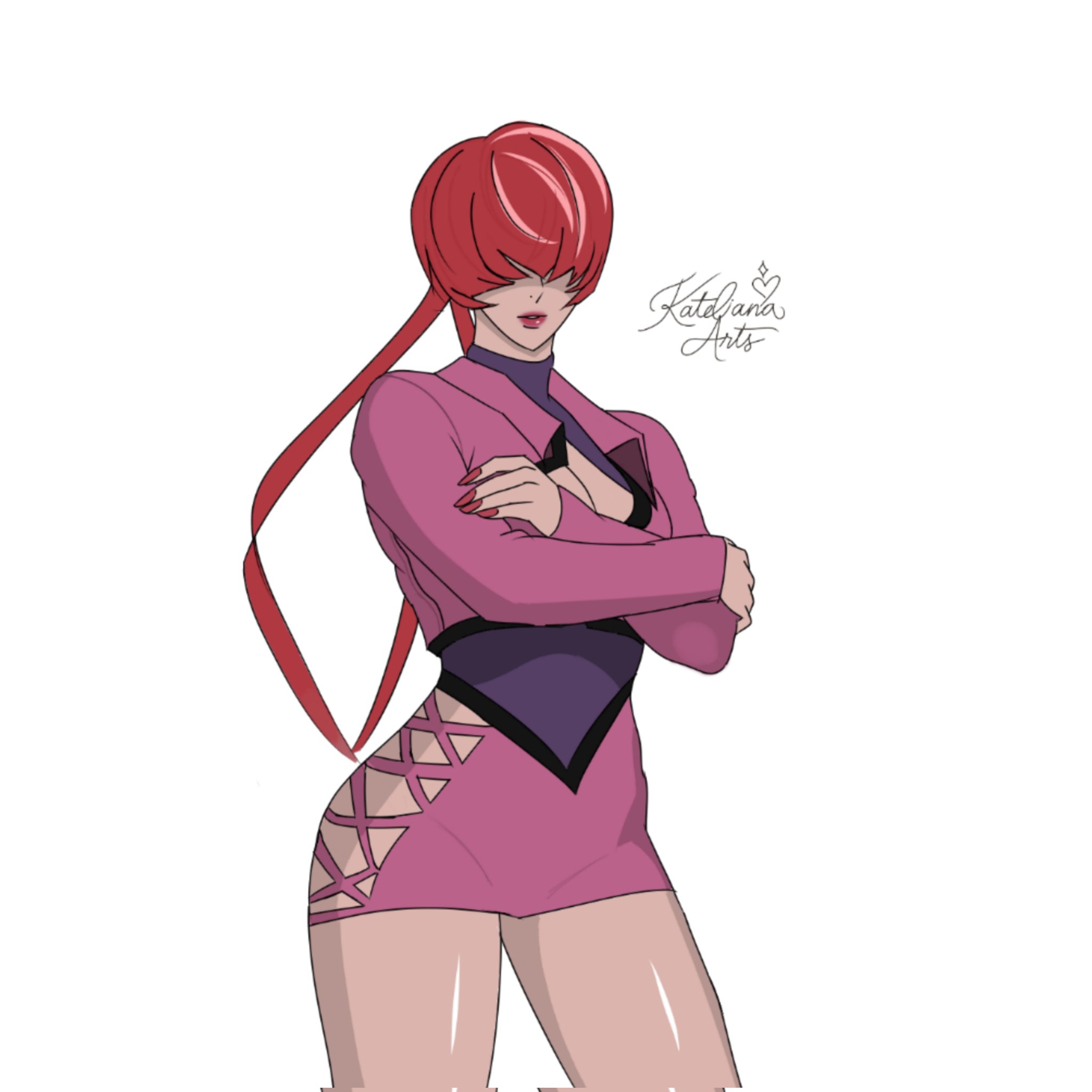 shermie (kof), the king of fighters, 1girl, breasts, cleavage, cleavage cutout, clothing cutout, curvy, dress, fishnets, imjiyeon06, jacket, large breasts, long hair, long sleeves, ponytail, red hair, skirt, standing, thick thighs, thighs, twintails, wide hips