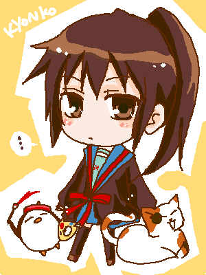 kyon, kyonko, shamisen (suzumiya haruhi), suzumiya haruhi no yuuutsu, lowres, 00s, 1girl, bird, calico (pattern), calico cat, cat, genderswap, genderswap (mtf), penguin, ponytail