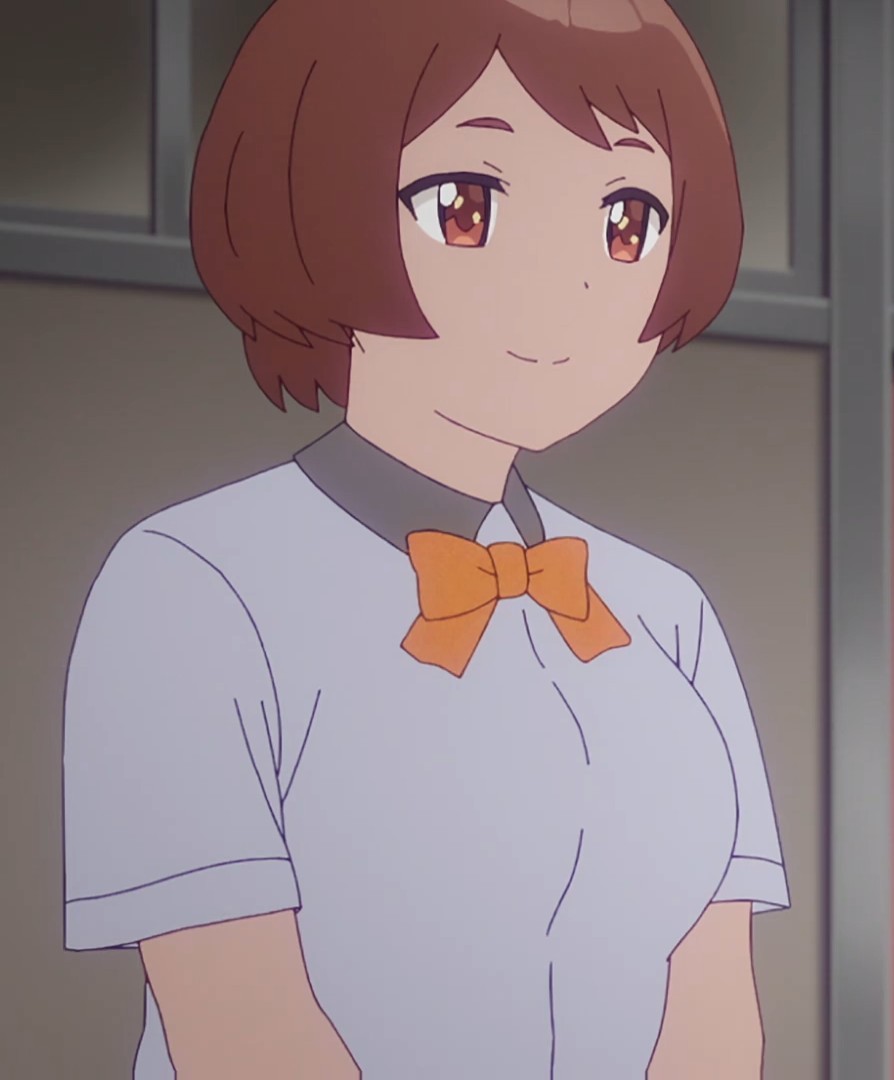 osananajimi ga zettai ni makenai lovecome, 1girl, happy, hetero, mine meiko, ojos abiertos, ojos cafe, pelo corto, ropa blanca, smile