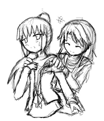 koizumi itsuki, koizumi itsuki (female), kyon, kyonko, suzumiya haruhi no yuuutsu, lowres, 00s, 2girls, ^^^, blush, genderswap, genderswap (mtf), giggling, greyscale, jacket, long sleeves, monochrome, multiple girls, open clothes, open jacket, ponytail, simple background, upper body, white background, yuri