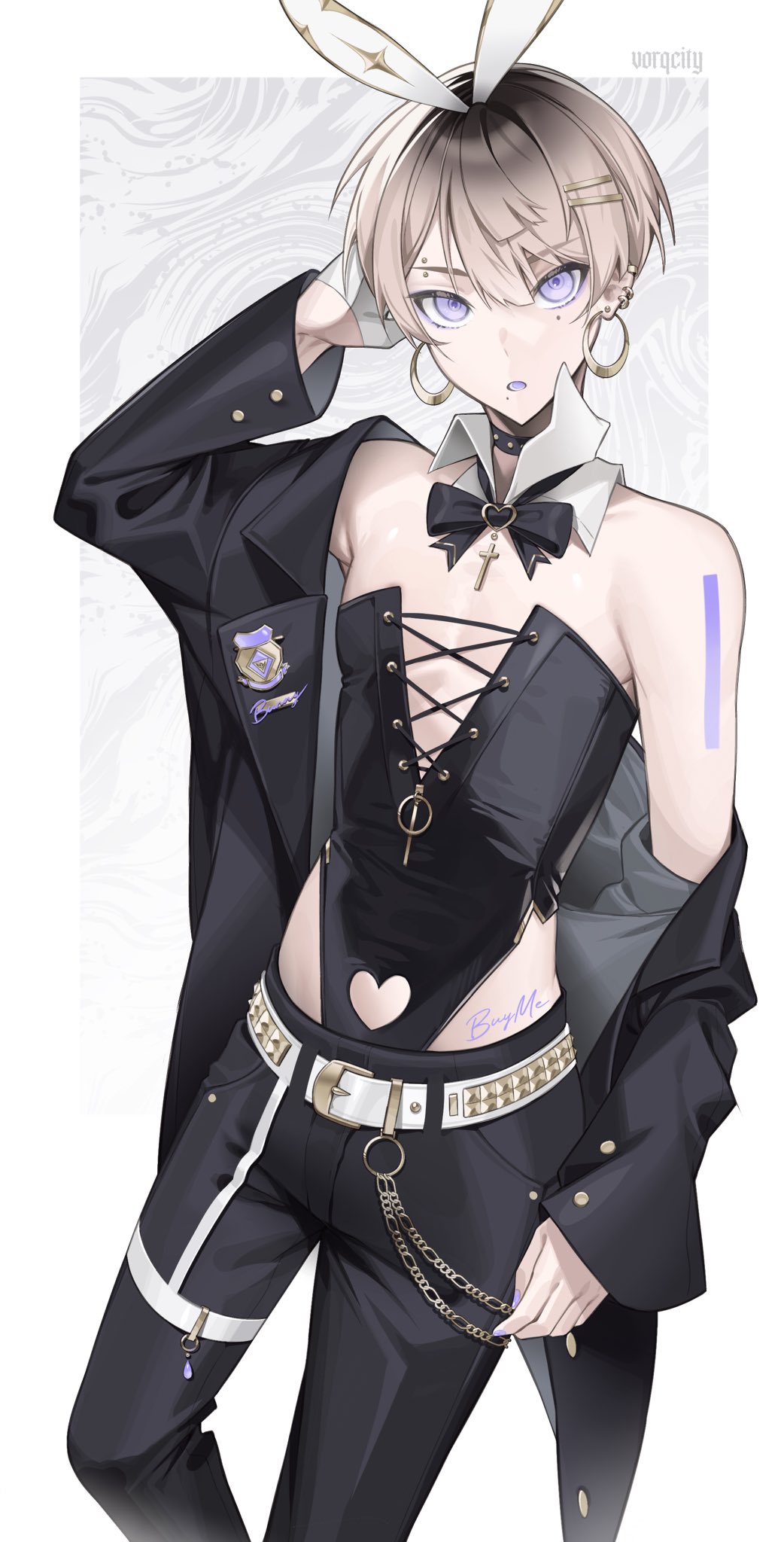 vorqcity, original, commentary, english commentary, highres, 1boy, animal ears, arm behind head, artist name, bare shoulders, belt, belt buckle, black bow, black bowtie, black jacket, black leotard, black pants, blue eyeliner, blue eyes, bow, bowtie, buckle, choppy bangs, clothing cutout, collar, cowboy shot, cross, detached collar, ear piercing, earrings, eyebrow piercing, eyeliner, face piercing, fake animal ears, gradient hair, grey background, grey hair, hair between eyes, hair ornament, hairclip, heart cutout, hoop earrings, jacket, jacket partially removed, jewelry, latin cross, leotard, long sleeves, looking at viewer, makeup, male focus, mole, mole under eye, mole under mouth, multicolored hair, open mouth, pants, piercing, rabbit ears, solo, strapless, strapless leotard, studded belt, white belt, white collar