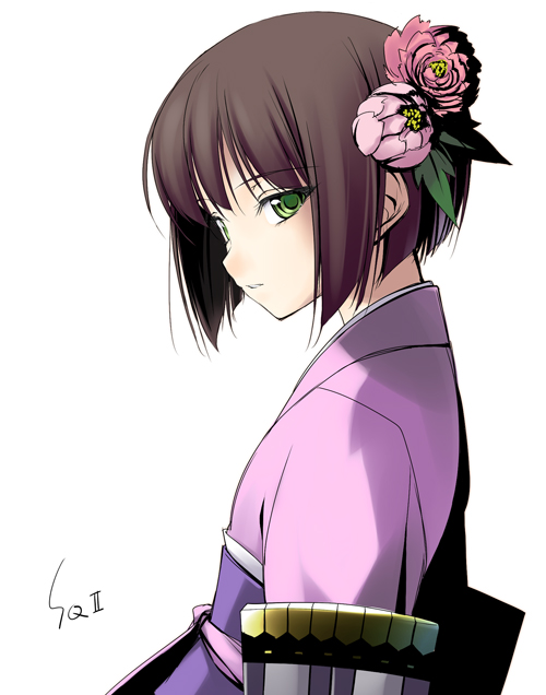 rokuwata tomoe, bushidou (sekaiju), bushidou 4 (sekaiju), atlus, etrian odyssey, 1girl, brown hair, female focus, flower, green eyes, japanese clothes, kimono, short hair, simple background, solo