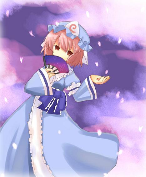 yuzuki (yuduame), saigyouji yuyuko, touhou, bad id, 1girl, blue dress, blue hat, brown eyes, cherry blossoms, covering own mouth, dress, female focus, frilled shirt collar, frills, hand fan, hat, japanese clothes, long sleeves, looking at viewer, mob cap, petals, pink hair, sash, short hair, solo, triangular headpiece, wide sleeves