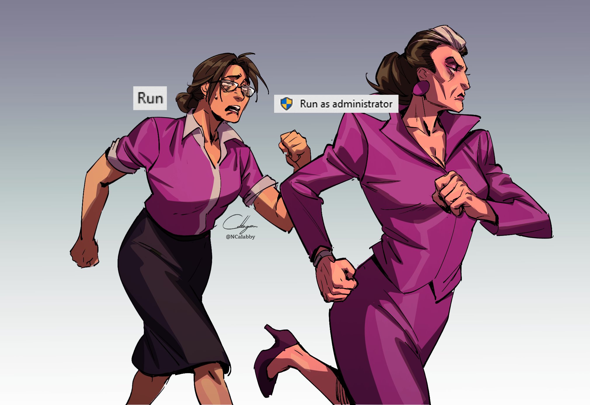 cabbage (ncalabby), miss pauling, microsoft windows, team fortress 2, commentary, english commentary, highres, 2girls, administrator (tf2), artist name, black hair, black skirt, brown hair, clenched hands, english text, exhausted, formal clothes, glasses, gradient background, grey background, high heels, long skirt, long sleeves, multiple girls, purple suit, running, signature, simple background, skirt, sleeves rolled up, suit, sweat, twitter username, white streaks, wing collar
