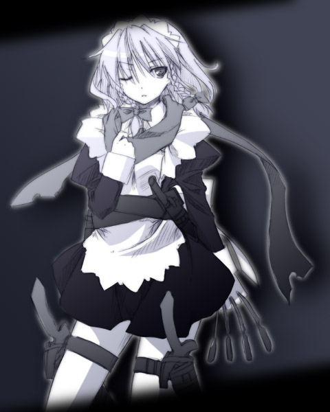 yuuki eishi, izayoi sakuya, touhou, 1girl, blue theme, female focus, monochrome, purple theme, solo