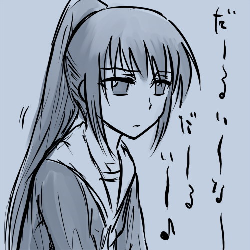 kyon, kyonko, suzumiya haruhi no yuuutsu, gender request, lowres, 00s, 1girl, blue theme, female focus, genderswap, monochrome, ponytail, school uniform, simple background, solo