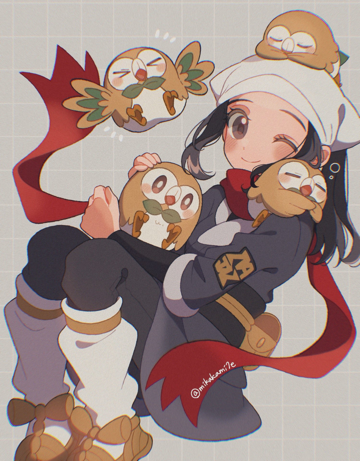 mikakami1e, akari (pokemon), rowlet, nintendo, pokemon, pokemon legends: arceus, highres, 1girl, bird, black hair, black sash, blush, closed eyes, closed mouth, eyelashes, galaxy expedition team survey corps uniform, gen 7 pokemon, grey eyes, headscarf, jacket, long hair, loose socks, one eye closed, open mouth, owl, pantyhose, pokemon (creature), ponytail, red scarf, sash, scarf, shirt, sidelocks, simple background, smile, socks, white headscarf