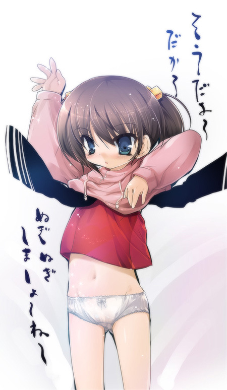 akahito, original, 1girl, clothes lift, expressionless, female focus, hood, hoodie, hoodie lift, loli, panties, see-through clothes, see-through shirt, shirt, simple background, solo, underwear, white background