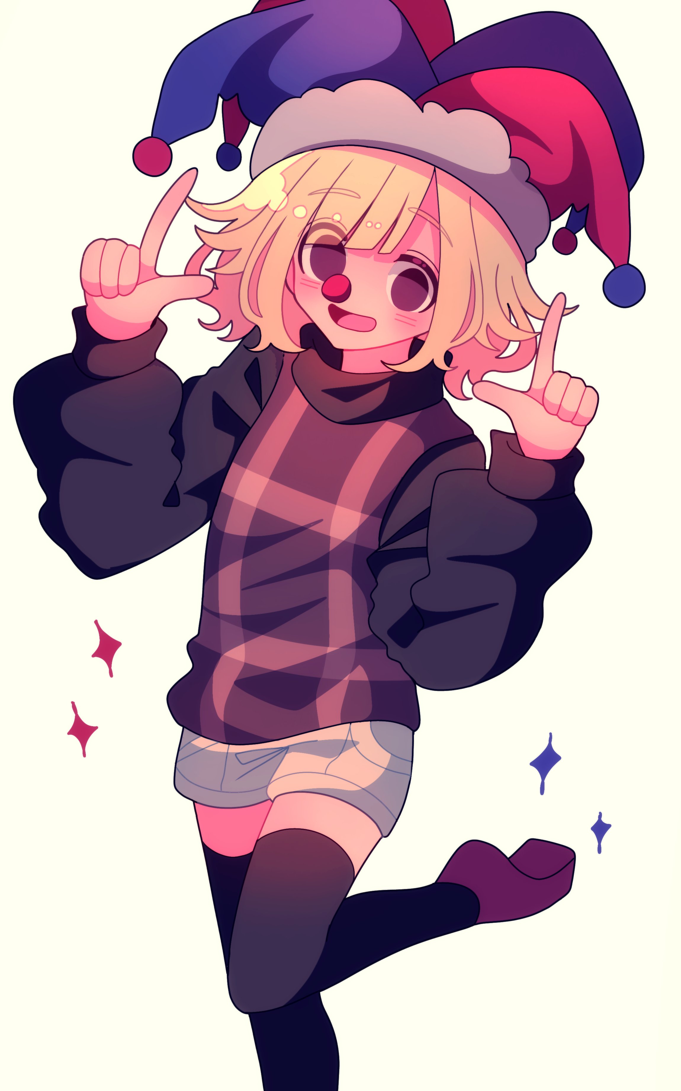 ohamihaeru, urotsuki, yume 2kki, absurdres, highres, 1girl, arms up, black sweater, black thighhighs, blonde hair, clown, clown nose, foot out of frame, grey shorts, hat, index fingers raised, jester cap, leg up, long sleeves, looking at viewer, open mouth, plaid clothes, plaid sweater vest, plaid vest, purple eyes, purple shoes, purple sweater vest, shoes, short hair, short shorts, shorts, simple background, smile, solo, sparkle, standing, standing on one leg, sweater, sweater vest, thighhighs, vest, white background, zettai ryouiki