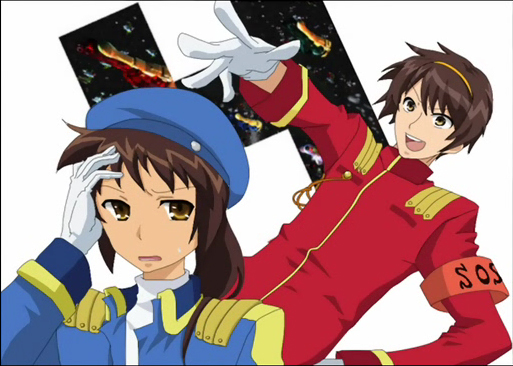 kyon, kyonko, suzumiya haruhi, suzumiya haruhiko, suzumiya haruhi no yuuutsu, the day of sagittarius, 00s, 1boy, 1girl, armband, armlet, beret, genderswap, genderswap (ftm), genderswap (mtf), hat, holding detached head, jewelry, looking at viewer, military, military uniform, ponytail, shoulder pads, simple background, sweatdrop, white background
