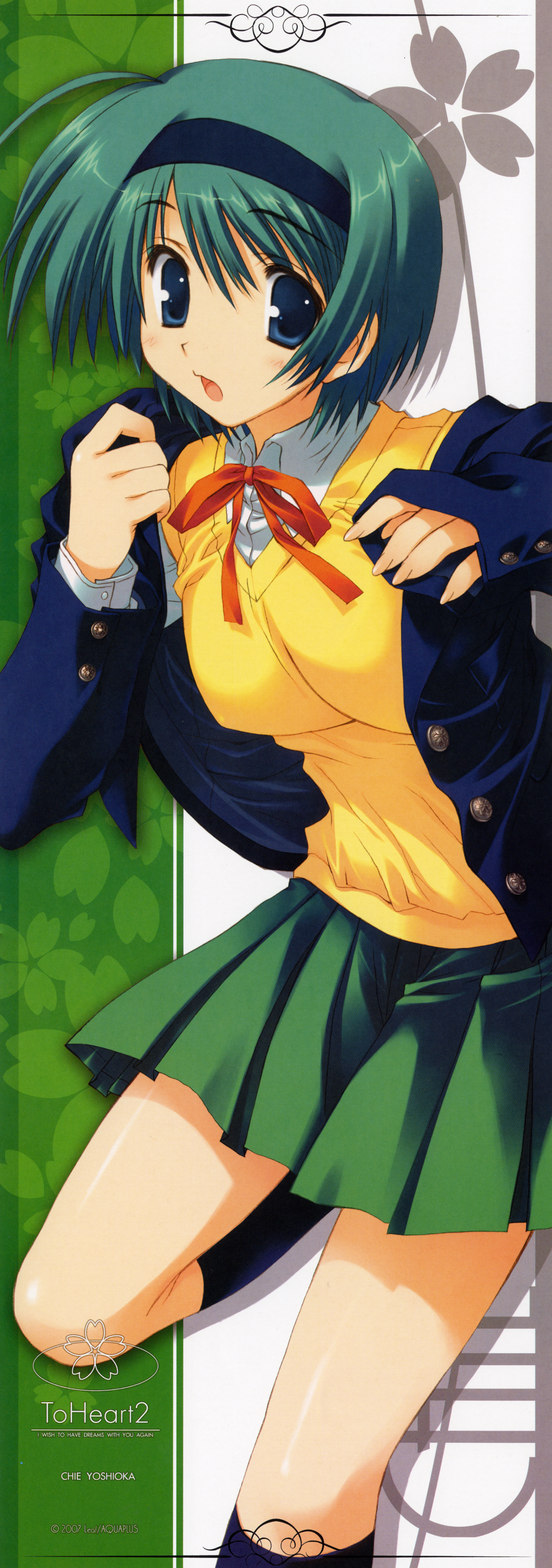 mitsumi misato, yoshioka chie, to heart (series), to heart 2, to heart 2 ad, absurdres, highres, huge filesize, long image, tall image, 00s, blue eyes, blush, green hair, hairband, jacket, kneehighs, school uniform, serafuku, short hair, skirt, socks, solo, stick poster