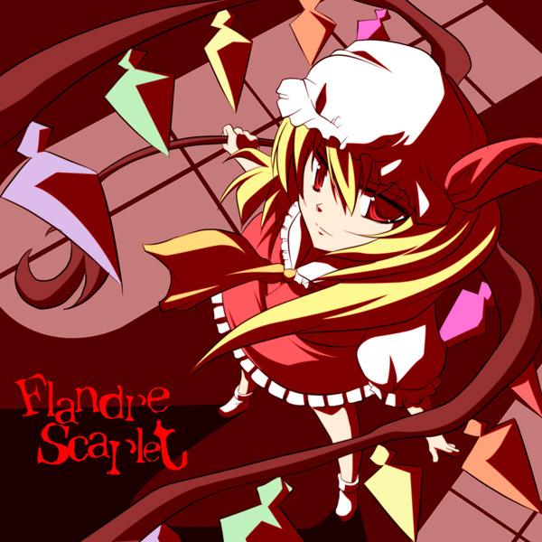 maki (seventh heaven maxion), flandre scarlet, touhou, bad id, bad pixiv id, 1girl, ascot, blonde hair, blush, character name, collar, crystal, dress, female focus, foreshortening, frills, from above, long hair, looking at viewer, looking up, puffy short sleeves, puffy sleeves, red dress, red eyes, short sleeves, side ponytail, solo, standing, wings