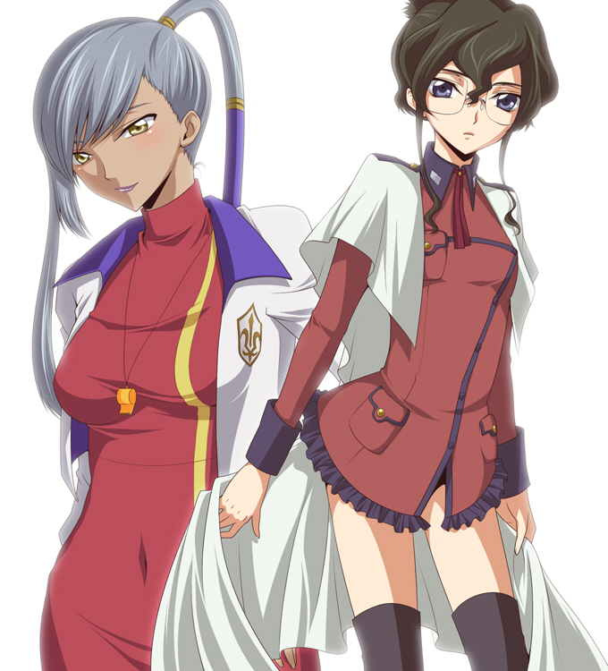 jyuru, nina einstein, villetta nu, code geass, silver hair, 00s, black hair, dark-skinned female, dark skin, glasses, long hair, miniskirt, purple eyes, short hair, skirt, thighhighs, yellow eyes