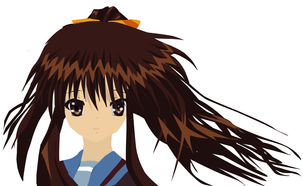 kyon, kyonko, suzumiya haruhi no yuuutsu, gender request, 00s, 1girl, black background, blush, brown eyes, brown hair, collar, female focus, genderswap, long hair, looking at viewer, ponytail, sailor collar, school uniform, serafuku, simple background, solo, transparent background, upper body, very long hair