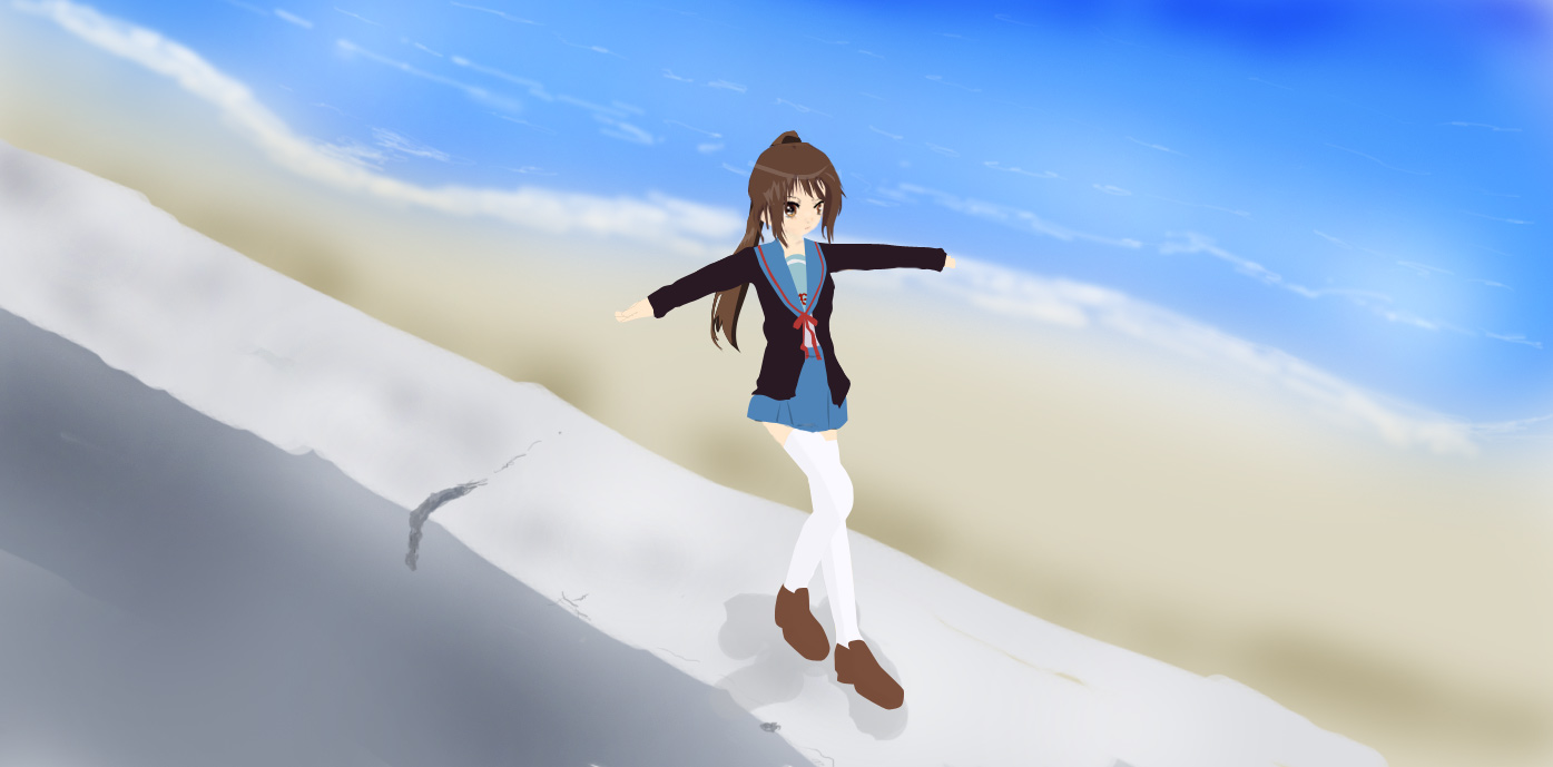 kyon, kyonko, suzumiya haruhi no yuuutsu, 00s, 1girl, bad anatomy, female focus, genderswap, genderswap (mtf), poorly drawn, school uniform, serafuku, solo