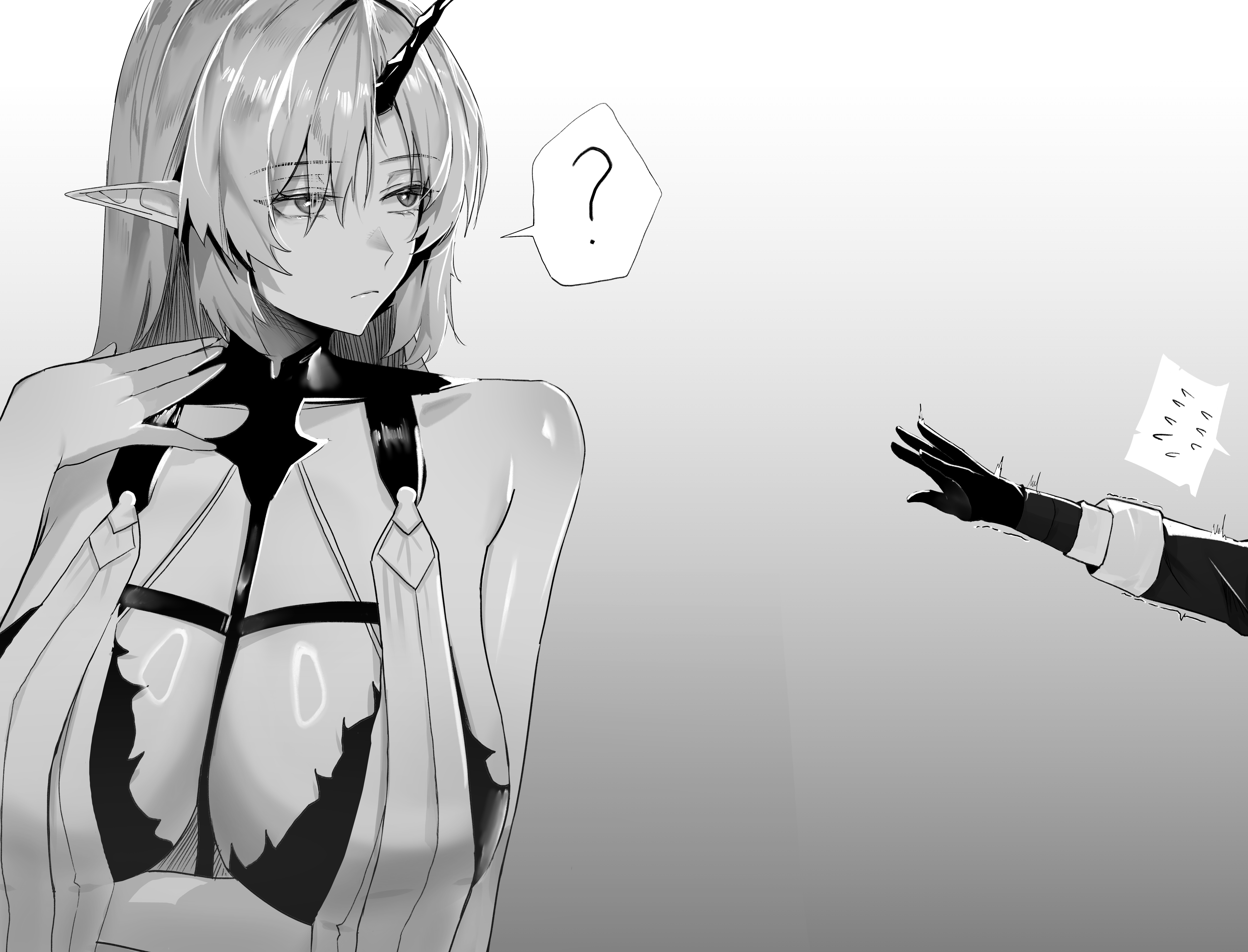 22 (wawara22), fleurdelys (wuthering waves), male rover (wuthering waves), rover (wuthering waves), wuthering waves, absurdres, commentary, english commentary, highres, 1boy, 1girl, ?, arm under breasts, bare shoulders, breasts, closed mouth, collar, flying sweatdrops, gloves, greyscale, hand up, horns, huge breasts, hxd (style), long hair, looking to the side, monochrome, out of frame, pointy ears, reaching, reaching towards another, sidelocks, single horn, spoken flying sweatdrops, spoken question mark, trembling