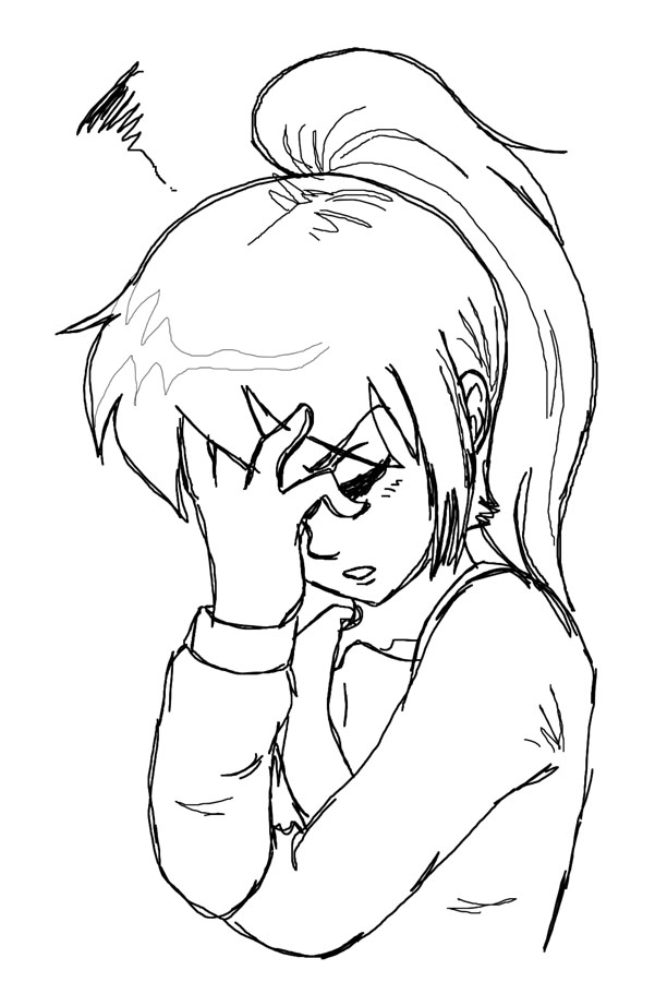 kyon, kyonko, suzumiya haruhi no yuuutsu, gender request, 00s, 1girl, facepalm, female focus, genderswap, greyscale, monochrome, ponytail, simple background, solo