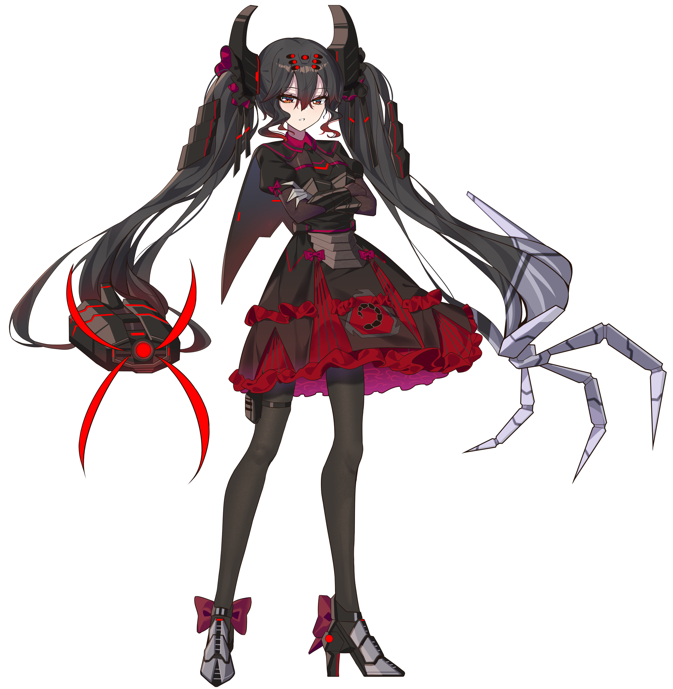 ddt (darktrident), character request, copyright request, highres, 1girl, black dress, black gloves, black hair, black necktie, black pantyhose, breasts, dress, frilled dress, frills, gloves, high heels, long hair, looking at viewer, mecha musume, necktie, pantyhose, personification, red eyes, skindentation, small breasts, thigh strap, twintails, very long hair, white background