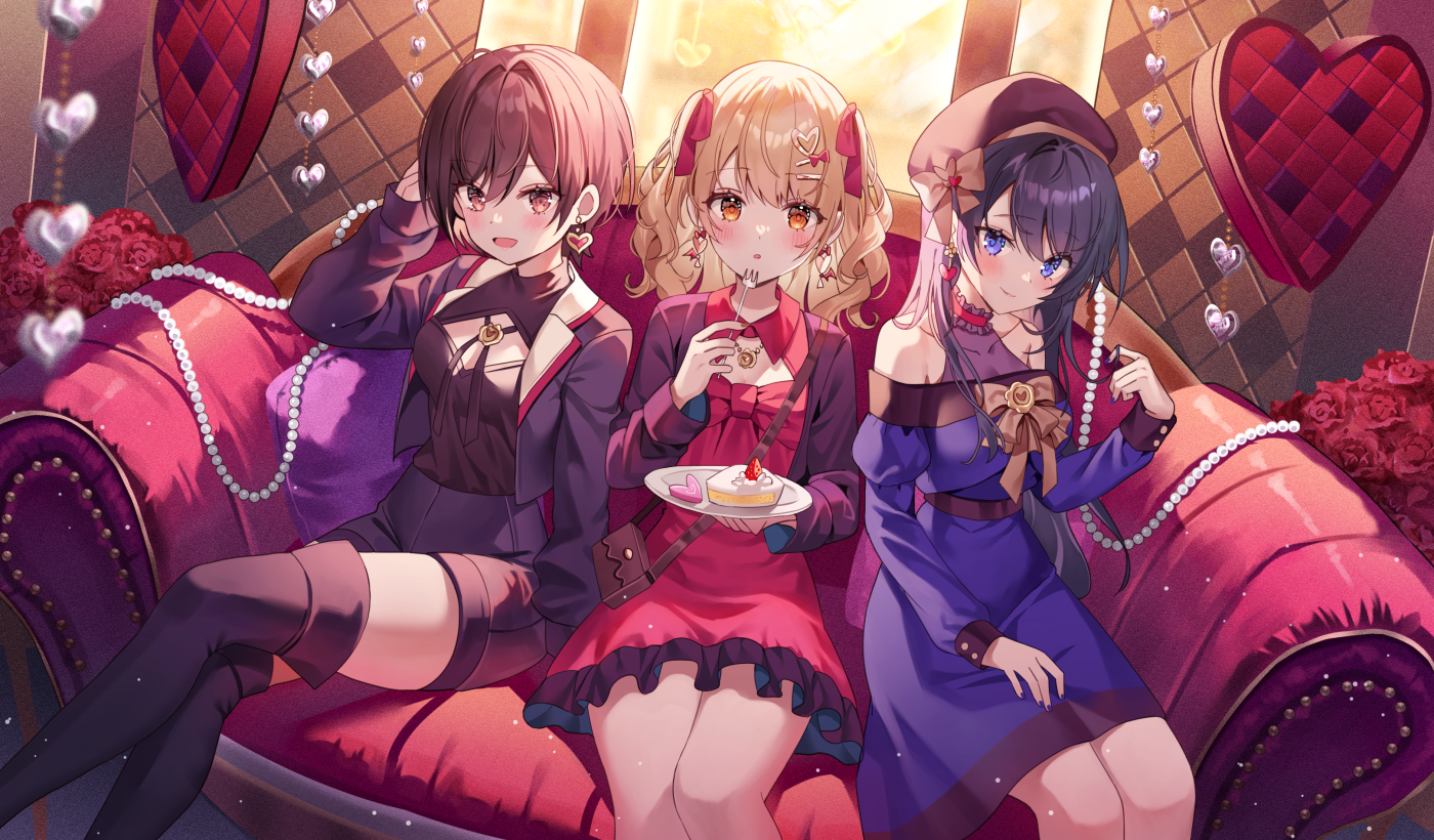 gin (gin937), azusawa kohane, kiritani haruka, shinonome ena, project sekai, commentary, symbol-only commentary, 3girls, :d, bare shoulders, black hair, blonde hair, blue dress, blue eyes, blush, boots, brown hair, brown hat, brown shirt, cake, cake slice, closed mouth, couch, dress, earrings, feet out of frame, food, fork, hair ribbon, hat, heart, holding, holding fork, holding plate, jacket, jewelry, long hair, long sleeves, looking at viewer, multiple girls, off-shoulder dress, off shoulder, open clothes, open jacket, open mouth, plate, purple boots, purple jacket, purple shirt, red dress, red eyes, red ribbon, ribbon, shirt, short hair, sitting, smile, thigh boots, valentine