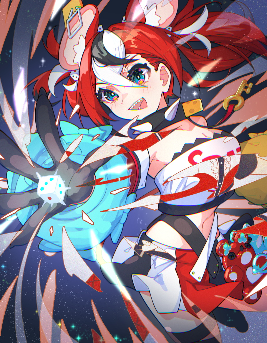rlus, hakos baelz, hololive, hololive english, 1girl, animal ears, bare shoulders, belt, black belt, black collar, black gloves, black skirt, black streaks, blue bow, blue eyes, bow, breasts, collar, crop top, detached sleeves, dice, dice hair ornament, gloves, hair between eyes, hair ornament, jewelry, key, key necklace, leg belt, long hair, long sleeves, medium breasts, midriff, mouse ears, mouse girl, mousetrap, multicolored hair, multicolored skirt, navel, necklace, open mouth, outstretched arm, outstretched hand, reaching, red hair, red skirt, sharp teeth, shirt, skirt, sky, solo, spiked collar, spikes, star (sky), starry sky, strapless, strapless shirt, streaked hair, teeth, thigh strap, triangle mouth, twintails, virtual youtuber, white shirt, white skirt, white streaks