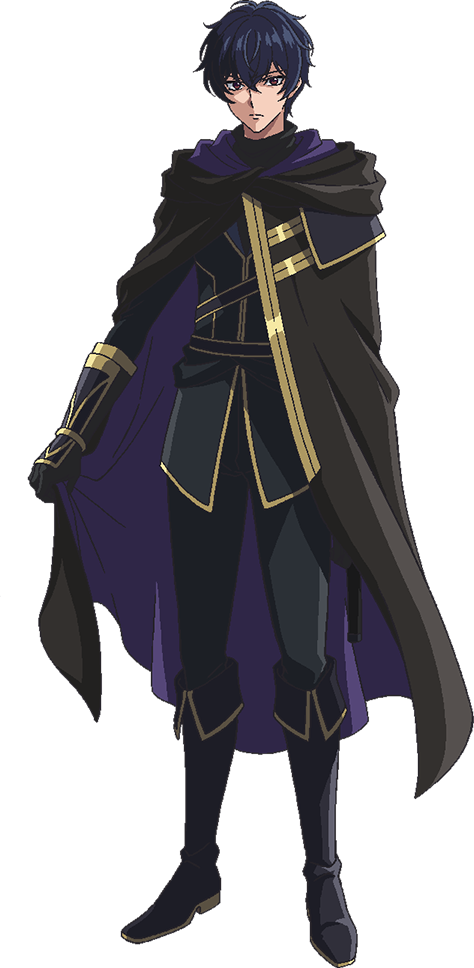 akira oda, asa shinde aru ore no sutetasu ga yuusha yori mo akiraka ni tsuyoi nodaga, official art, 1boy, anime coloring, arm guards, belt, black cloak, black gloves, black hair, black jacket, black pants, bob cut, boots, cloak, closed mouth, crossed bangs, full body, gloves, hair between eyes, jacket, long sleeves, looking at viewer, okada hirona, pants, purple belt, purple boots, red eyes, simple background, solo, standing, tachi-e, transparent background