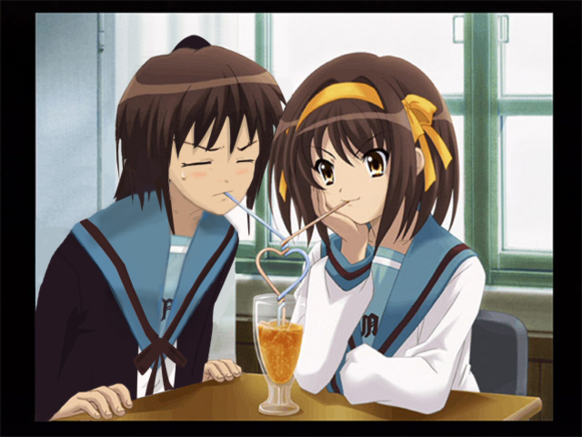 kyon, kyonko, suzumiya haruhi, suzumiya haruhi no yuuutsu, third-party edit, 00s, 2girls, crossover, drink, drinking, drinking straw, genderswap, genderswap (mtf), glass, hairband, head rest, heart, long sleeves, looking at viewer, multiple girls, ponytail, sailor collar, school uniform, serafuku, upper body, window, yuri