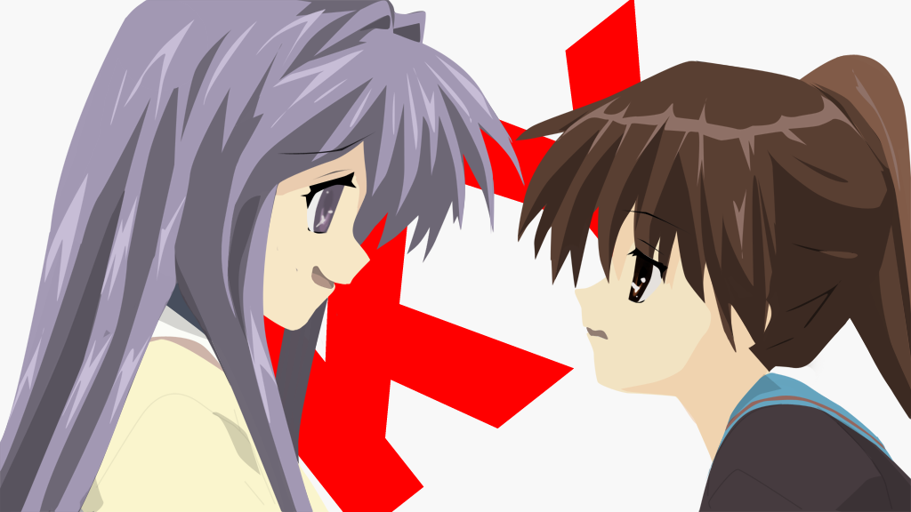 fujibayashi kyou, kyon, kyonko, clannad, suzumiya haruhi no yuuutsu, light purple hair, gender request, 00s, 2girls, :d, blush, brown eyes, brown hair, from side, genderswap, multiple girls, open mouth, ponytail, profile, purple eyes, smile, upper body
