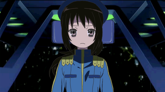 kyon, kyonko, suzumiya haruhi no yuuutsu, the day of sagittarius, 00s, 1girl, blue bodysuit, blush, bodysuit, cockpit, expressionless, female focus, genderswap, genderswap (mtf), indoors, long sleeves, looking at viewer, military, military uniform, ponytail, solo, upper body