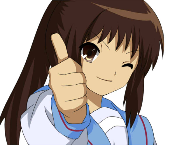 kyon, kyonko, suzumiya haruhi no yuuutsu, gender request, 00s, 1girl, ;), blush, closed mouth, female focus, genderswap, head tilt, looking at viewer, one eye closed, ponytail, sailor collar, school uniform, serafuku, sidelocks, simple background, smile, solo, thumbs up, upper body