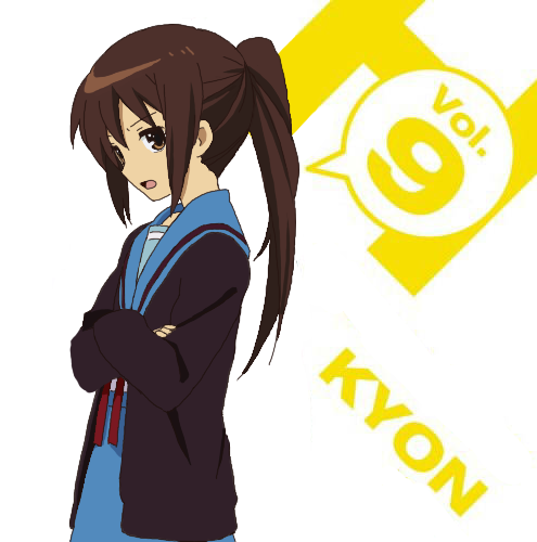 kyon, kyonko, suzumiya haruhi no yuuutsu, lowres, 00s, 1girl, album cover, character single, cover, female focus, genderswap, genderswap (mtf), h (letter), long sleeves, ponytail, school uniform, serafuku, solo