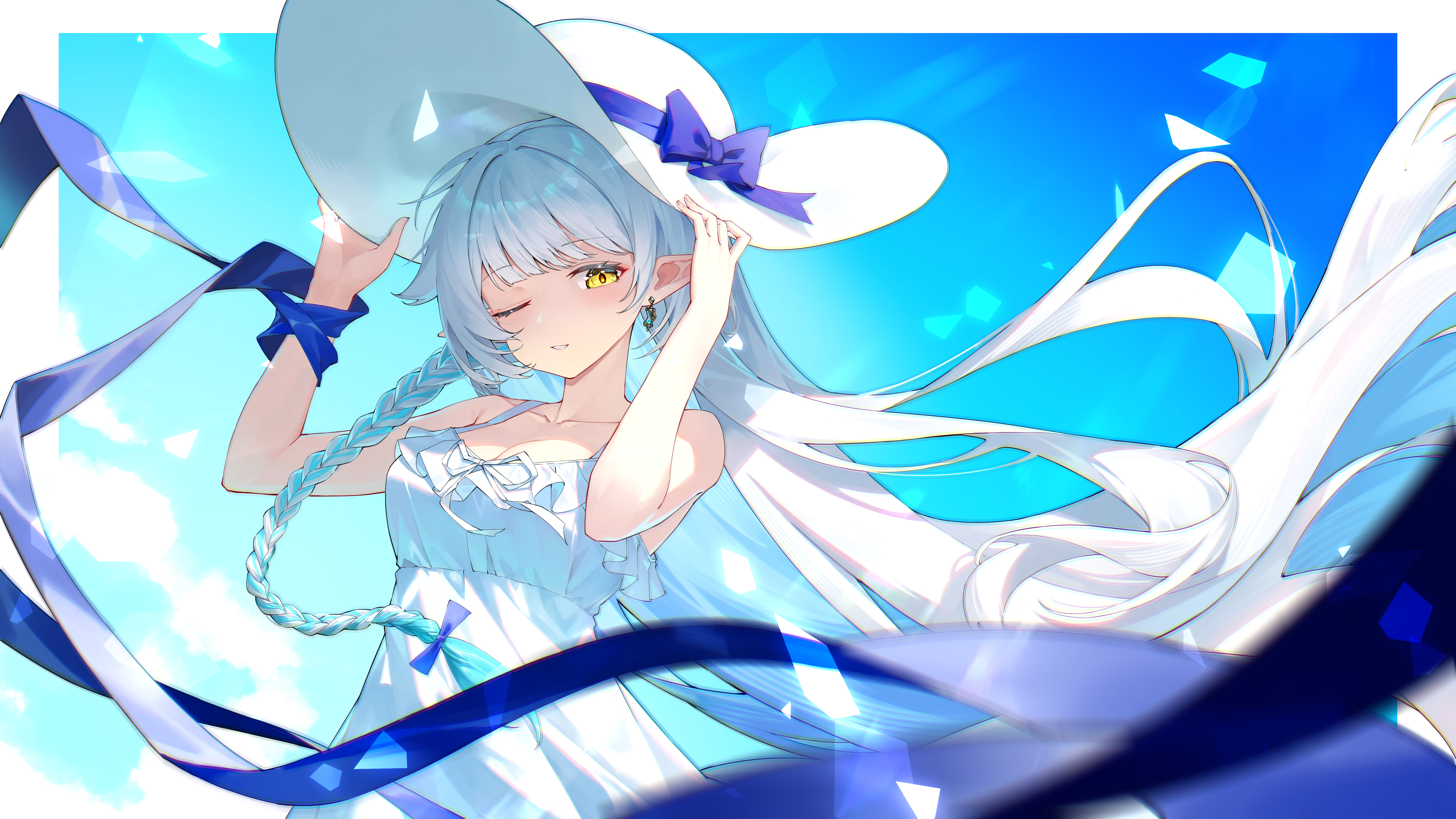 shaoxiao, original, absurdres, commentary, highres, 1girl, bare shoulders, blue ribbon, blue sky, blunt bangs, blush, bow, breasts, cleavage, cloud, collarbone, day, dress, hair bow, hands up, hat, hat bow, long hair, long pointy ears, looking at viewer, one eye closed, outdoors, parted lips, pointy ears, purple bow, ribbon, sky, sleeveless, sleeveless dress, smile, solo, sun hat, upper body, very long hair, white dress, white hair, white hat, yellow eyes