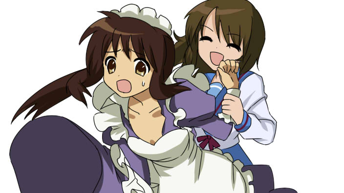 koizumi itsuki, koizumi itsuki (female), kyon, kyonko, suzumiya haruhi no yuuutsu, grabbing, 00s, 2girls, :d, :o, ^ ^, apron, blush, breasts, cleavage, closed eyes, collarbone, genderswap, genderswap (mtf), holding another's wrist, long sleeves, medium breasts, multiple girls, open mouth, ponytail, sailor collar, school uniform, serafuku, shirt, simple background, smile, surprised, sweatdrop, tripping, white background, white shirt, yuri