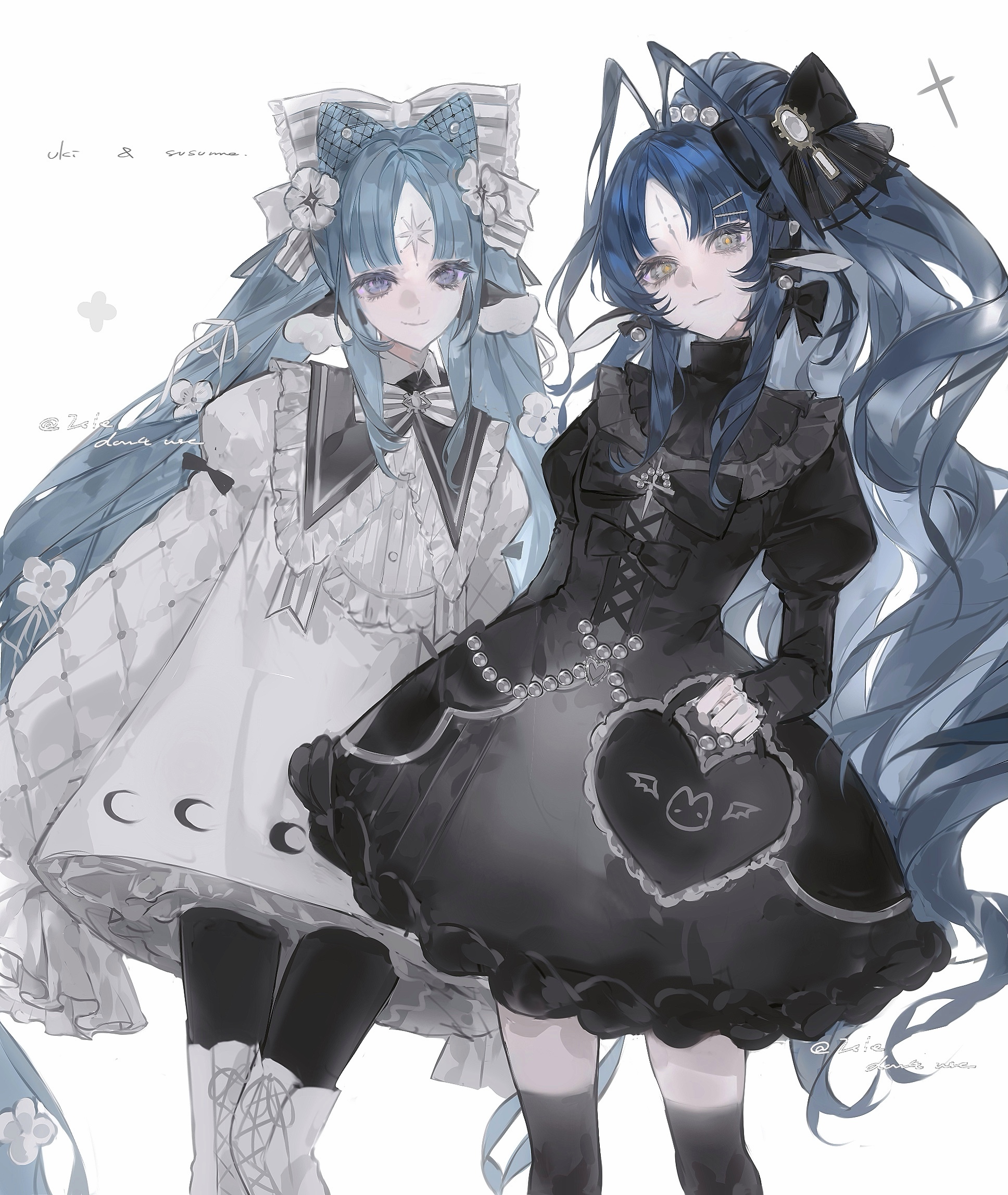 original, highres, 2girls, antenna hair, bag, black bow, black dress, black gothic dress (idolmaster), black pantyhose, blue hair, boots, bow, bowtie, center frills, crescent, crescent print, curly hair, dress, facial mark, flower, forehead mark, frills, goth fashion, gothic lolita, hair bow, hair bun, hair flower, hair ornament, handbag, heilanshuimuchu, high ponytail, jewelry, juliet sleeves, lolita fashion, long hair, long sleeves, looking at viewer, multiple girls, pantyhose, parted bangs, ponytail, puffy sleeves, purple eyes, simple background, sleeves past wrists, thighhighs, twitter username, very long hair, white background, white bow, white dress, white flower, yellow eyes