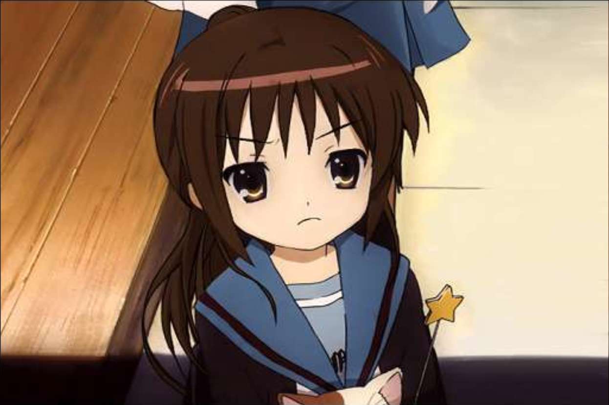 kyon, kyonko, suzumiya haruhi no yuuutsu, gender request, 00s, 1girl, brown eyes, brown hair, calico (pattern), calico cat, closed mouth, female focus, frown, genderswap, long sleeves, looking at viewer, ponytail, sailor collar, school uniform, serafuku, solo, staff, wand