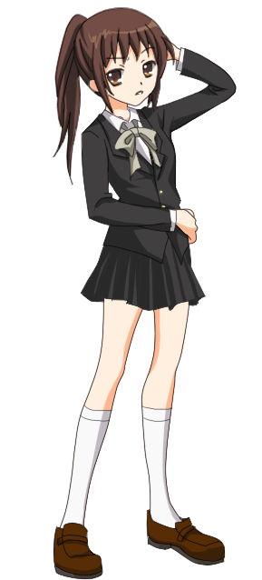 kyon, kyonko, suzumiya haruhi no yuuutsu, gender request, large variant set, variant set, 00s, 1girl, alternate costume, blouse, brown shoes, female focus, full body, genderswap, kneehighs, kouyouen academy school uniform, ponytail, school uniform, shirt, shoes, simple background, socks, solo, white background, white shirt, white socks