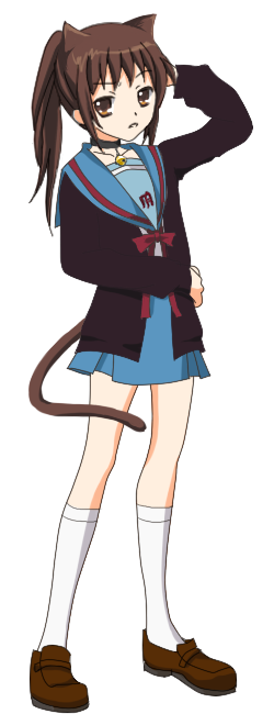 kyon, kyonko, suzumiya haruhi no yuuutsu, large variant set, variant set, 00s, 1girl, animal ears, brown shoes, cardigan, cat ears, cat tail, collar, female focus, full body, genderswap, genderswap (mtf), kneehighs, long sleeves, neck bell, ponytail, school uniform, serafuku, shoes, simple background, socks, solo, tail, white background, white socks