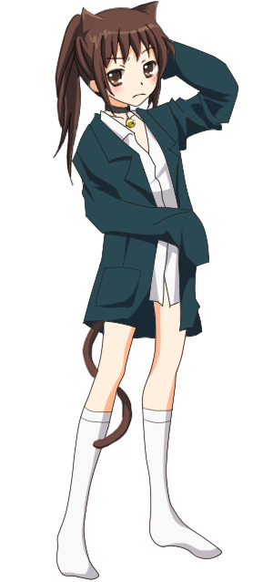 kyon, kyonko, suzumiya haruhi no yuuutsu, gender request, large variant set, variant set, 00s, 1girl, animal ears, blouse, bottomless, cat ears, cat tail, collar, crossdressing, crossdressing (ftm), female focus, full body, genderswap, kneehighs, ponytail, school uniform, serafuku, shirt, simple background, socks, solo, tail, white background, white shirt, white socks
