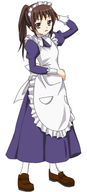 kyon, kyonko, suzumiya haruhi no yuuutsu, gender request, large variant set, variant set, 00s, 1girl, female focus, full body, genderswap, maid, ponytail, simple background, solo, white background