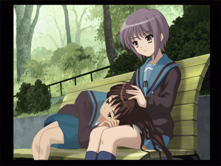 kyon, kyonko, nagato yuki, suzumiya haruhi no yuuutsu, 00s, 2girls, artistic error, bench, crossover, dual persona, genderswap, genderswap (mtf), lap pillow, multiple girls, school uniform, serafuku