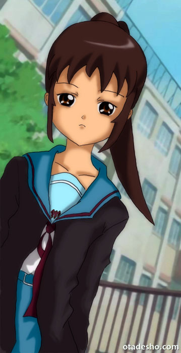 kyon, kyonko, suzumiya haruhi, suzumiya haruhiko, suzumiya haruhi no yuuutsu, gender request, 00s, brown hair, cardigan, genderswap, long hair, ponytail, school uniform, serafuku