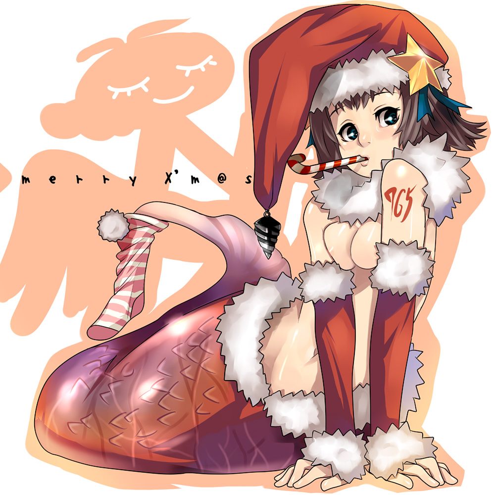 ban! (bansankan), amami haruka, idolmaster, idolmaster (classic), idolmaster 1, bad id, bad pixiv id, 00s, 1girl, aqua eyes, arm support, arm warmers, breasts, breasts squeezed together, brown hair, candy, candy cane, christmas, detached sleeves, drill, female focus, food, fur trim, green eyes, hat, mermaid, monster girl, mouth hold, nipple slip, nipples, no bra, santa hat, scales, short hair, small breasts, socks, solo, star (symbol), striped clothes, striped socks, tattoo, topless female