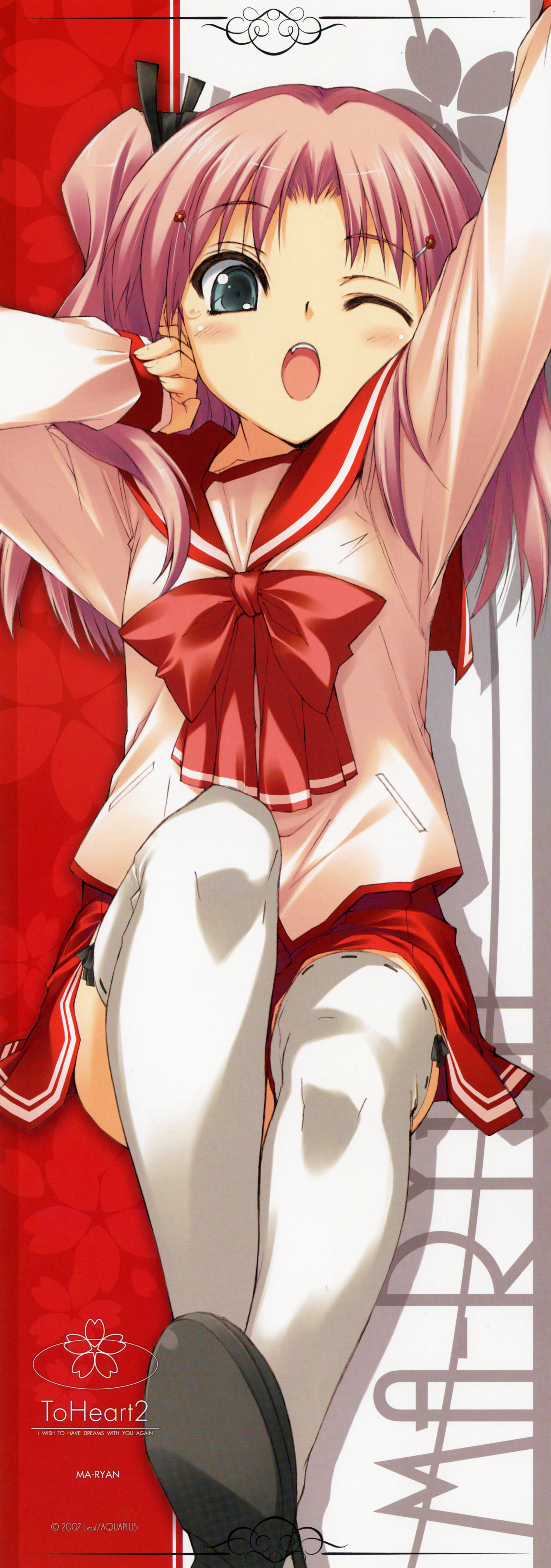 kawata hisashi, maaryan (to heart), to heart (series), to heart 2, to heart 2 ad, absurdres, highres, huge filesize, long image, tall image, 00s, blue eyes, blush, long hair, one eye closed, pink hair, school uniform, serafuku, skirt, solo, stick poster, thighhighs, wink, zettai ryouiki