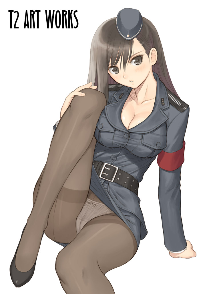 tony taka, original, uniform, 1girl, belt, blush, breasts, brown eyes, brown hair, cleavage, collarbone, crotch seam, female focus, hat, knees, legs, long legs, panties, panties under pantyhose, pantyhose, pantyshot, see-through clothes, see-through legwear, shoes, solo, thighs, underwear