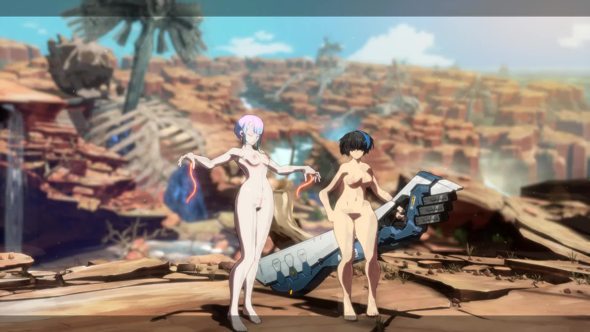 lucy (cyberpunk), unika (guilty gear), cyberpunk: edgerunners, cyberpunk (series), guilty gear, guilty gear strive, animated, nude filter, sound, tagme, third-party edit, video, 2girls, 3d, black hair, blue hair, breasts, female pubic hair, multicolored hair, multiple girls, nipples, nude, nude mod, outdoors, pubic hair, purple eyes, red eyes, short hair, streaked hair