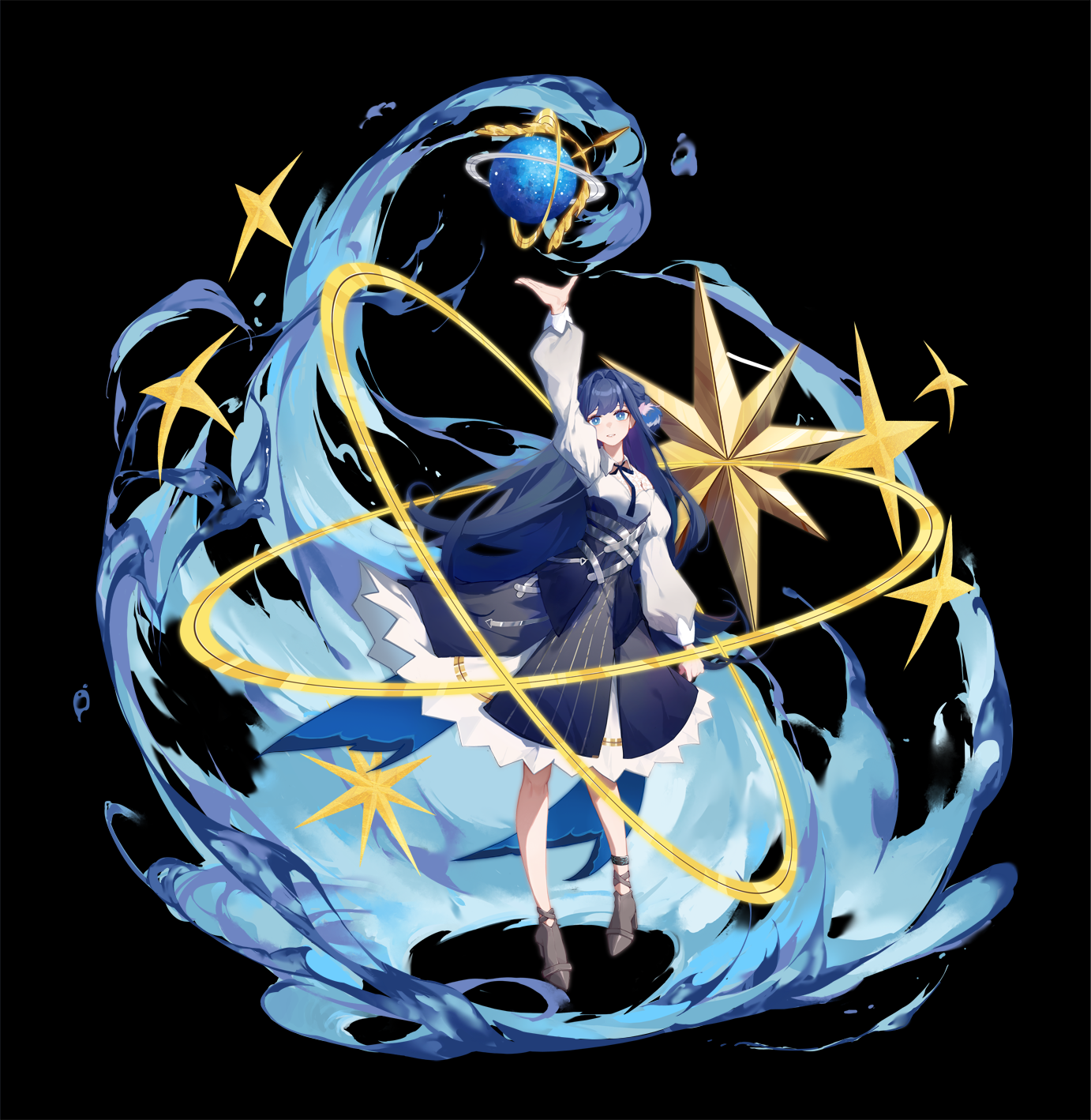 hiruno baizhou, astesia (arknights), arknights, highres, 1girl, black background, blue eyes, blue hair, bright pupils, celestial globe, dress, empire waist, full body, high heels, layered dress, long hair, long sleeves, looking at viewer, orbital path, orbited, puffy long sleeves, puffy sleeves, simple background, smile, solo, standing, star (symbol), white pupils