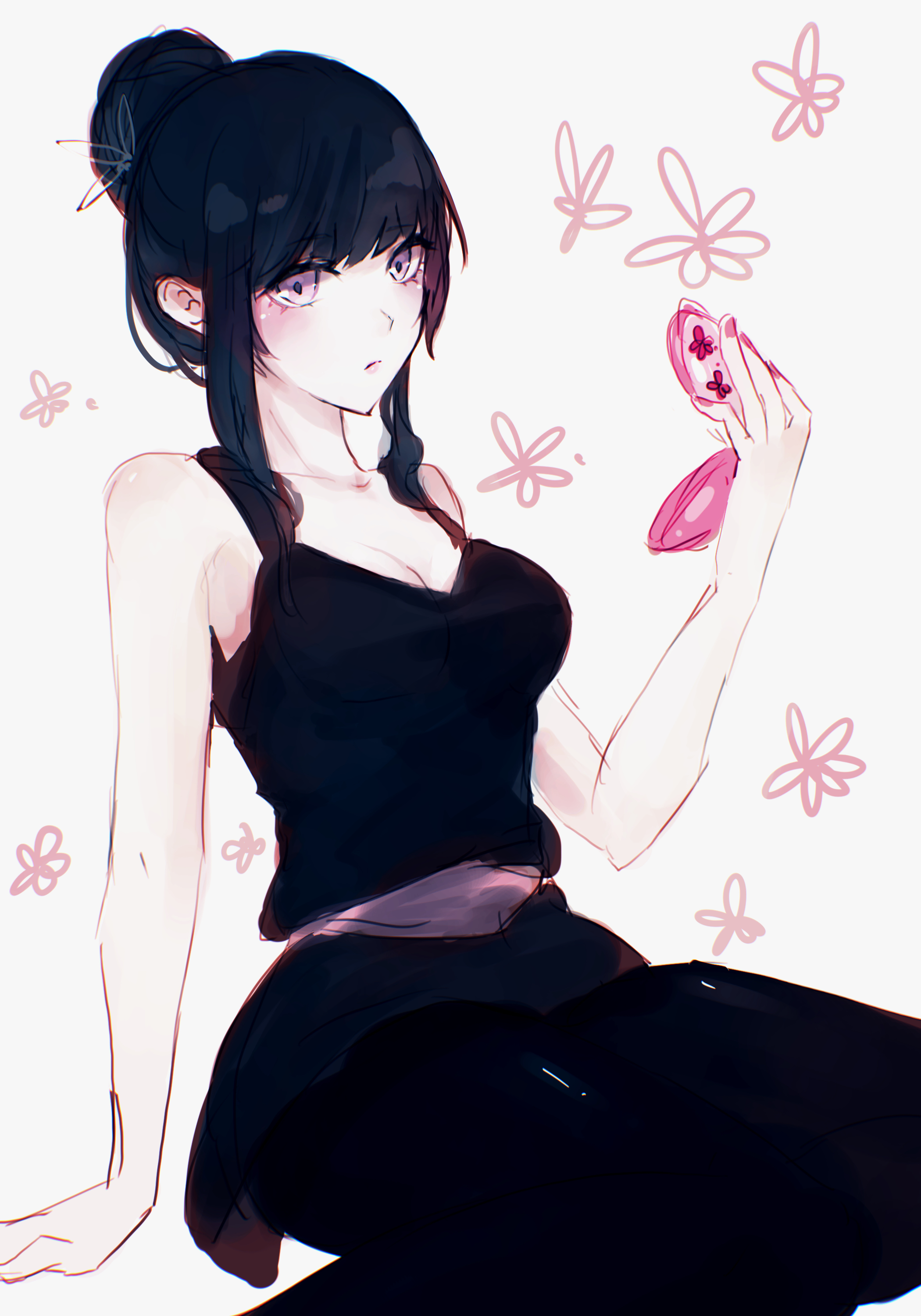 spyairi, yeon yihwa, tower of god, absurdres, highres, 1girl, barefoot, black dress, black hair, black pantyhose, breasts, closed mouth, collarbone, dress, floral print, flower, flower hairband, hair bun, hair flower, hair ornament, hairband, holding, lips, looking at viewer, nail polish, pantyhose, red eyes, single hair bun, sitting, sketch, sleeveless, solo, white background
